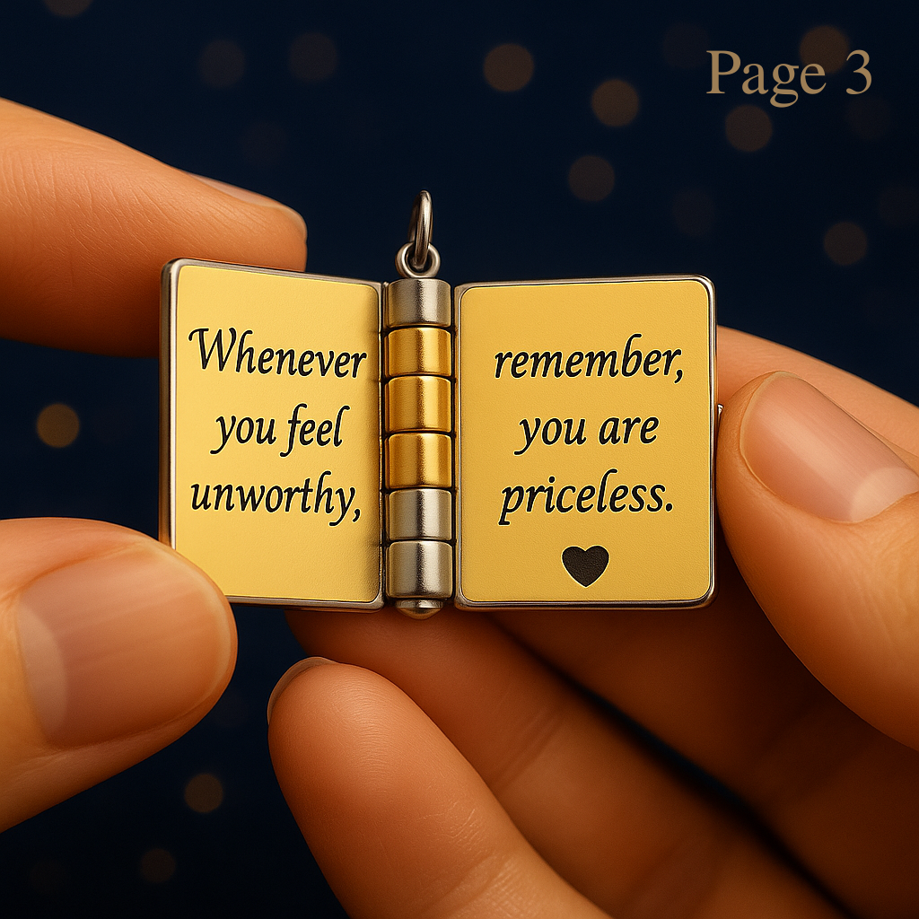 Open book locket engraved ‘Whenever you feel unworthy, remember, you are priceless