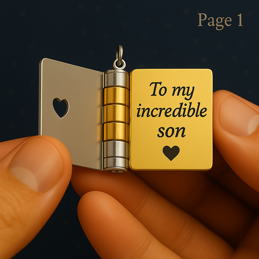 Pages Of The Hart – My Champion™ Son Book Locket Necklace open to Page 1 engraved 'To my incredible son' with heart.