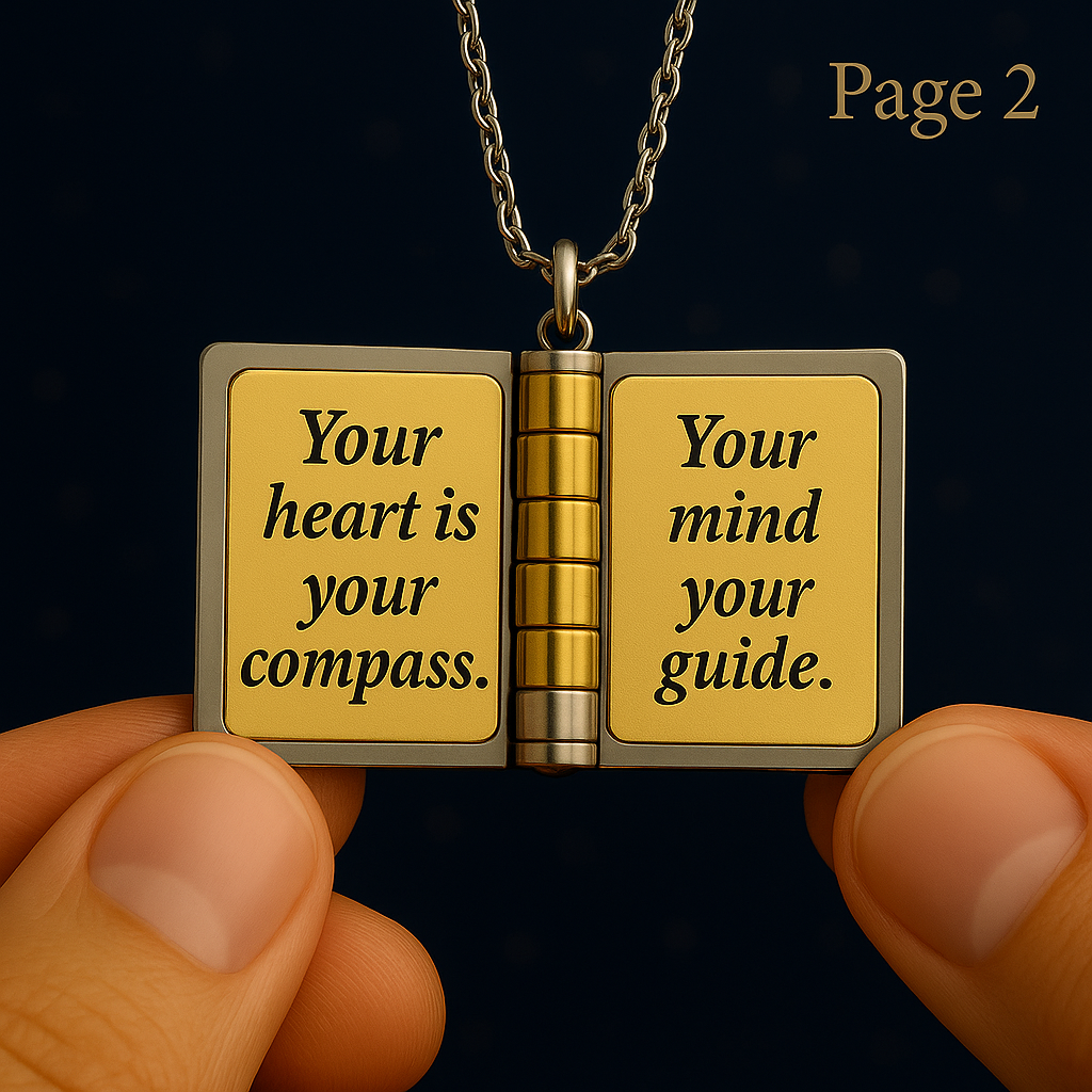 Pages Of The Hart – My Champion™ Son Book Locket Necklace Page 2 engraved 'Your heart is your compass' and 'Your mind your guide.