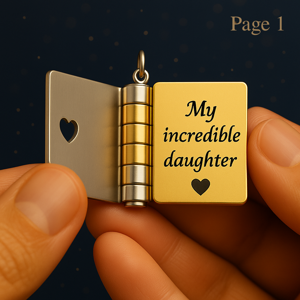 Open book locket necklace engraved ‘My incredible daughter’ with heart detail.