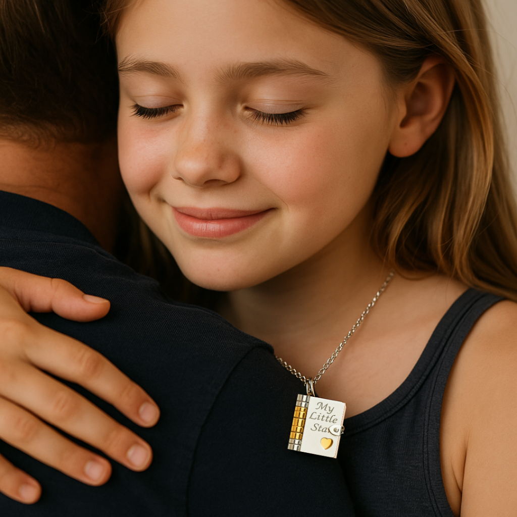 Smiling girl hugging her parent while wearing the My Little Star locket necklace