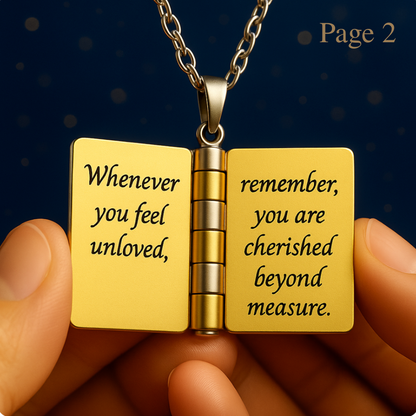 Open book locket engraved ‘Whenever you feel unloved, remember, you are cherished beyond measure.’