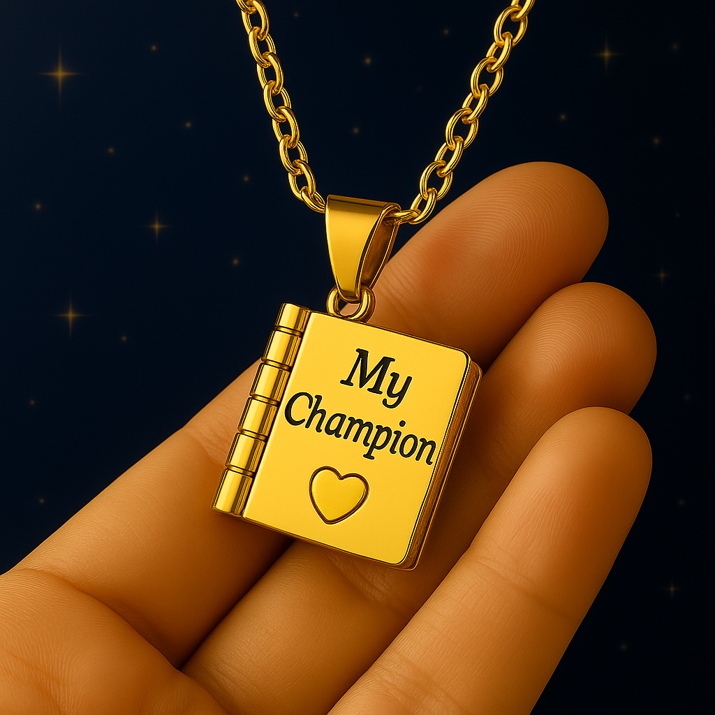 Pages Of The Hart – My Champion™ Son Book Locket Necklace in gold finish, premium keepsake jewelry gift for sons.