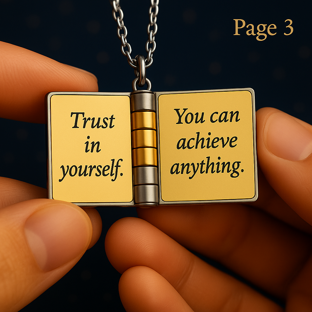 Pages Of The Hart – My Champion™ Son Book Locket Necklace Page 3 engraved 'Trust in yourself' and 'You can achieve anything.