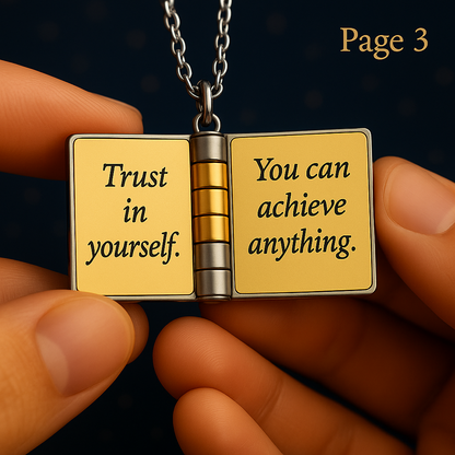 Pages Of The Hart – My Champion™ Son Book Locket Necklace Page 3 engraved 'Trust in yourself' and 'You can achieve anything.