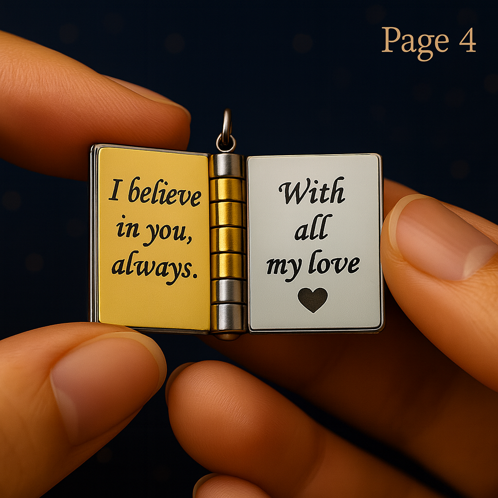 Pages Of The Hart – My Champion™ Son Book Locket Necklace Page 4 engraved 'I believe in you, always' and 'With all my love.