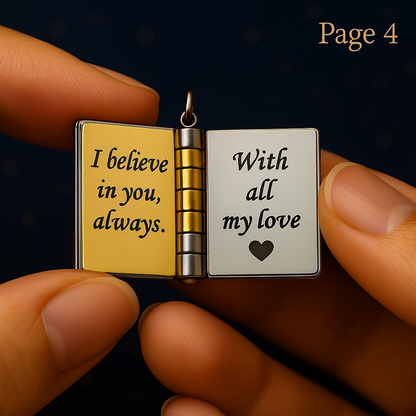 Pages Of The Hart – My Champion™ Son Book Locket Necklace Page 4 engraved 'I believe in you, always' and 'With all my love.