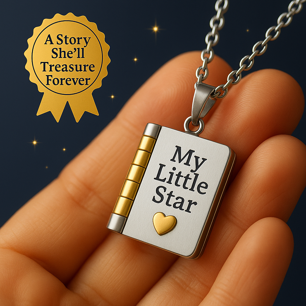 Close-up of silver and gold book locket necklace engraved ‘My Little Star,’ gift keepsake for daughters.