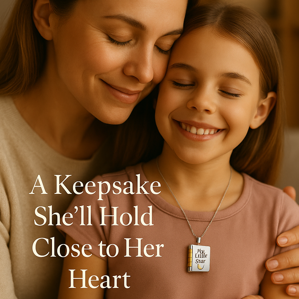 Daughter smiling with her dad while wearing the My Little Star storybook locket necklace